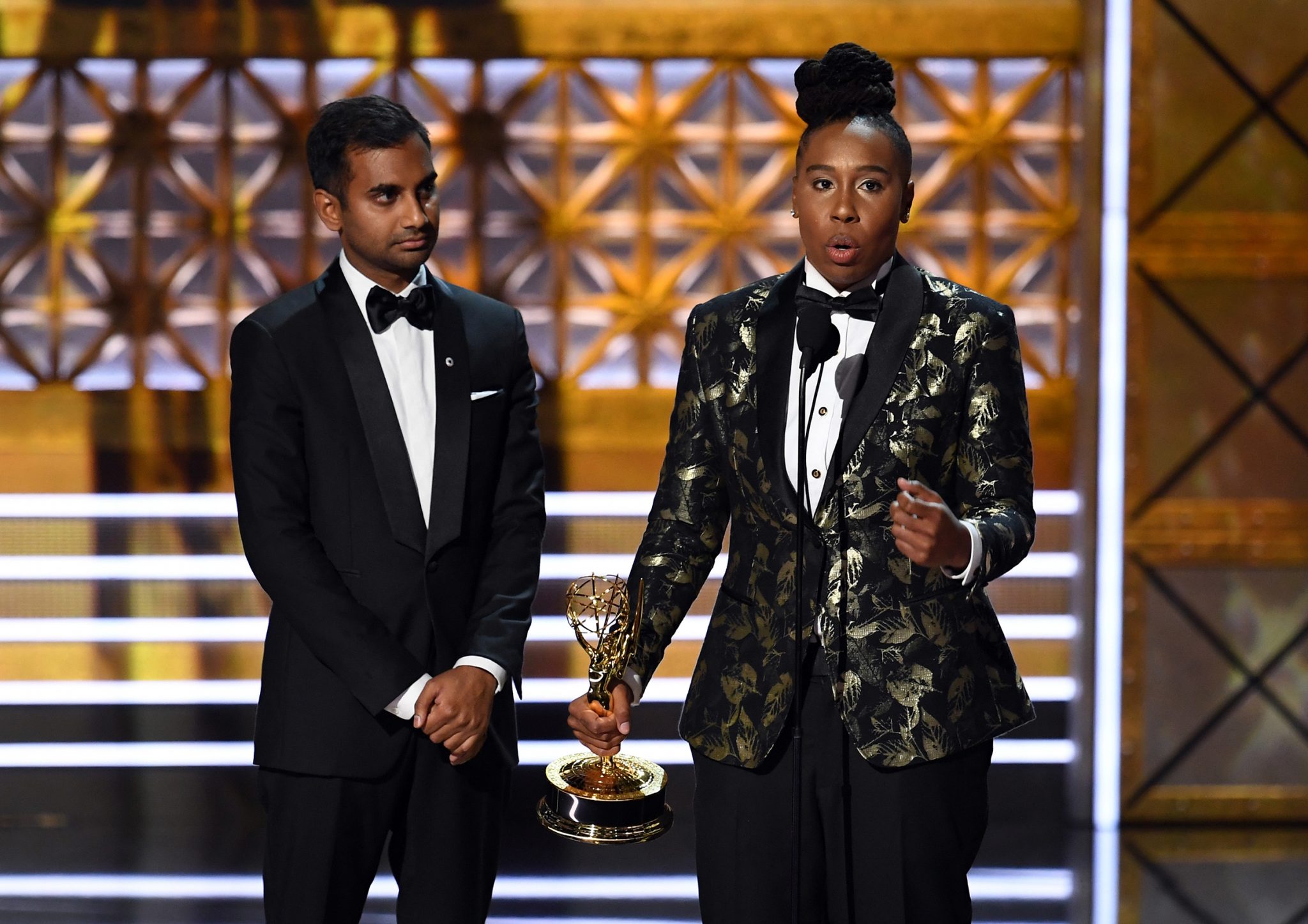Aziz Ansari and Lena Waithe at the 2017 Emmy Awards Aziz Ansari and Lena Waithe at the 2017 Emmy Awards
