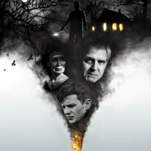 The Righteous 3 people in a smoky triangle under a house on a hill