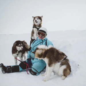 Tails on Ice A woman sitting on snow, dressed in a snow suit surrounded by husky dogs.