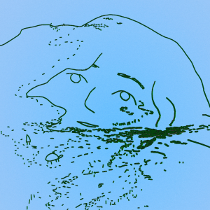line drawing of a face that resembles a mountain with a baby blue background