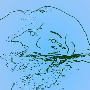 Brainstream line drawing of a face that resembles a mountain with a baby blue background