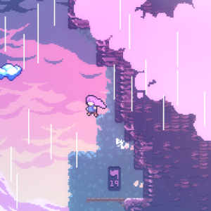 snapshot of a video game with a pixel element. A young girl with pink hair is jumping from point a to point b. There is a cloudy pink sky behind her