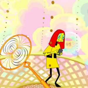 A colourful still with a yellow alien with bright red hair and green eyes. The sky has clouds that look like cotton candy