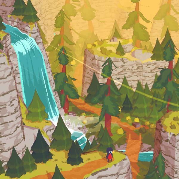 A SHORT HIKE A cartoon forest with a waterfall coming off of a tall rock.