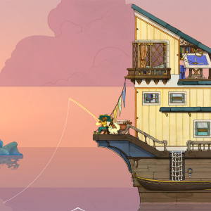 SPIRITFARER Cartoon image of a pirate on a ship made of off-white paneling. Sailing on a pink lake