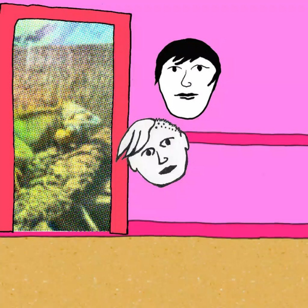 Two black and white cartoon floating heads. In front of a striped pink wall and beige carpet. There is a Red door looking out into the nature outside