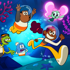BIG BLUE Cartoon graphic of humans under water wearing oxygen masks
