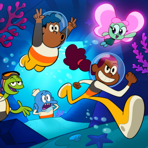 Cartoon graphic of humans under water wearing oxygen masks