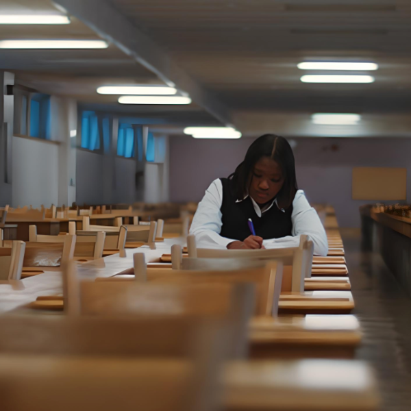 BLACADEMIA Young girl sitting in a library reading a book.