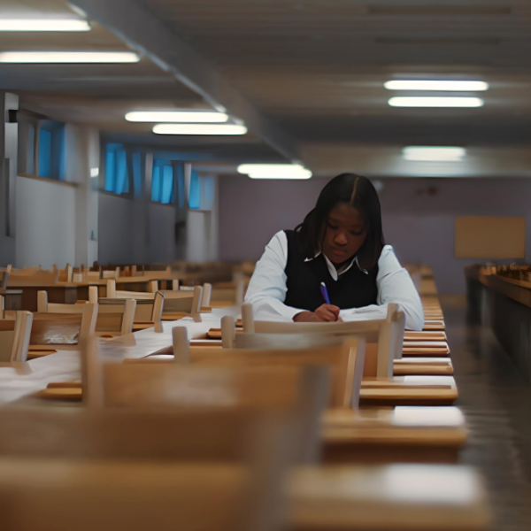 Young girl sitting in a library reading a book.