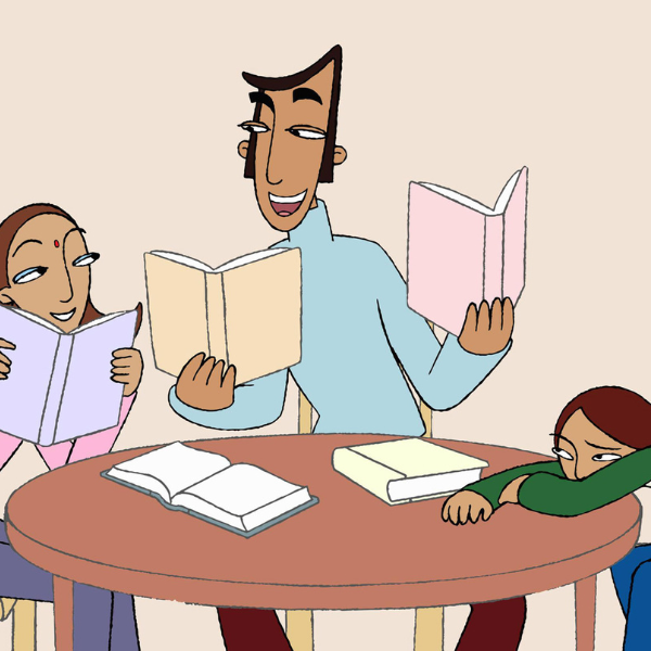 Animation of a mother, father and daughter sitting at a table reading.